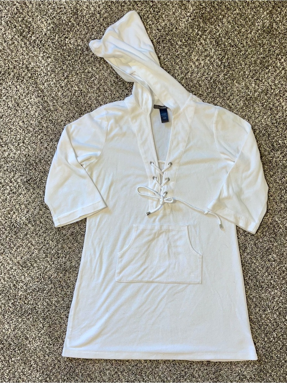 Liz Claiborne White Hooded Swim Towel Coverup with Lace-Up Neck Size Medium